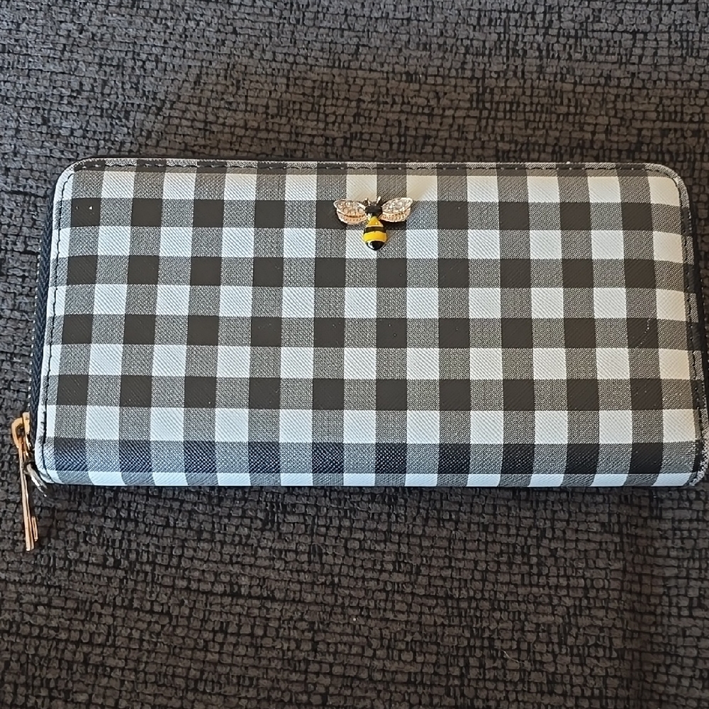 Claire's Black and White Checkered Wallet with Bee Accent